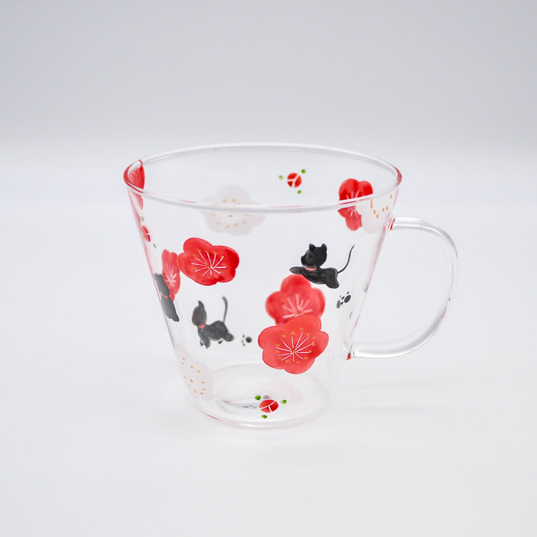 ガラスマグカップ -  紅白梅と黒猫（耐熱ガラス）
