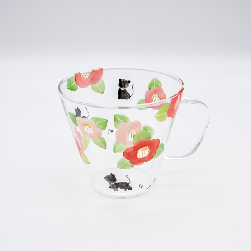 ガラスマグカップ -  椿と黒猫（耐熱ガラス）
